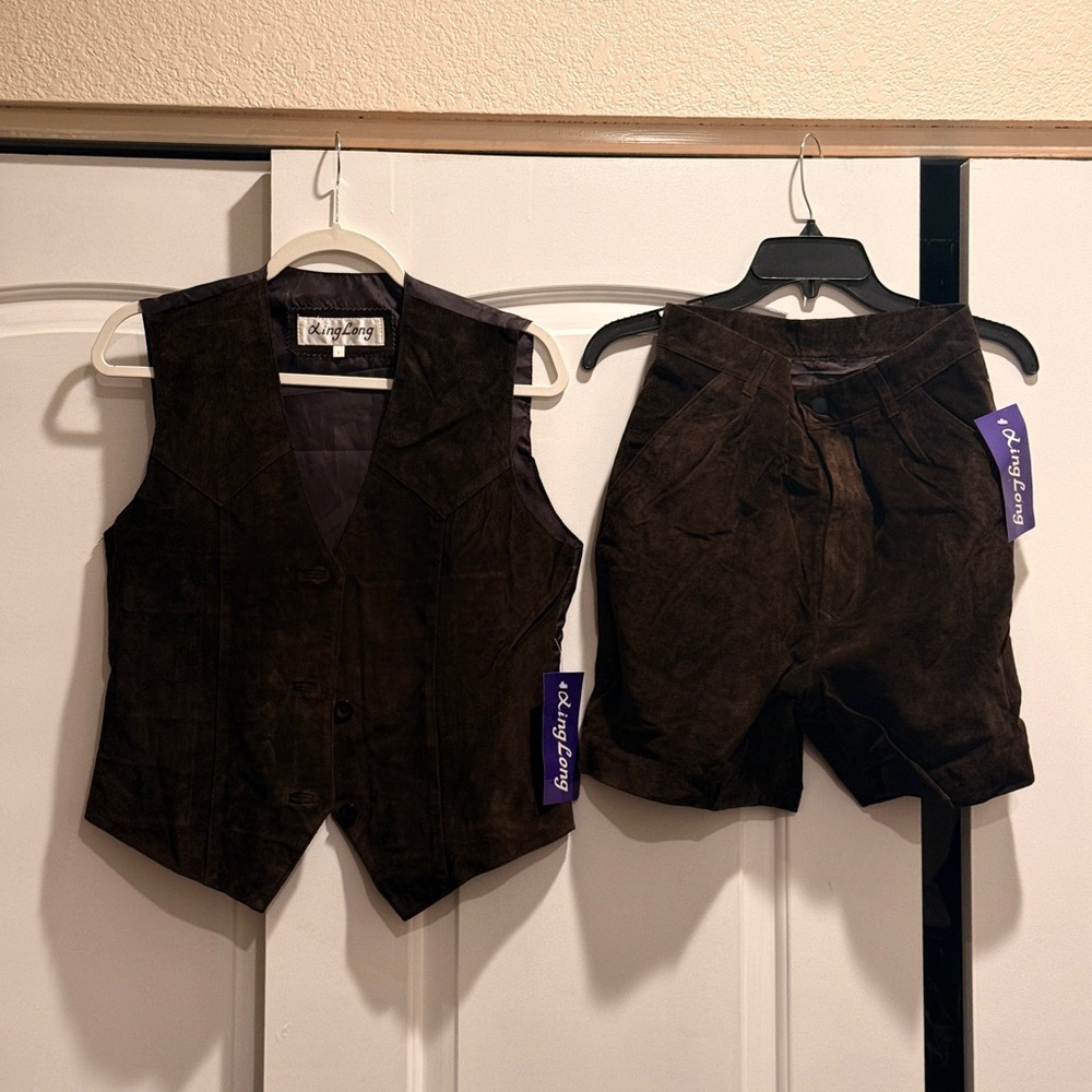 Vintage Dark Brown Suede Vest & Shorts Set
